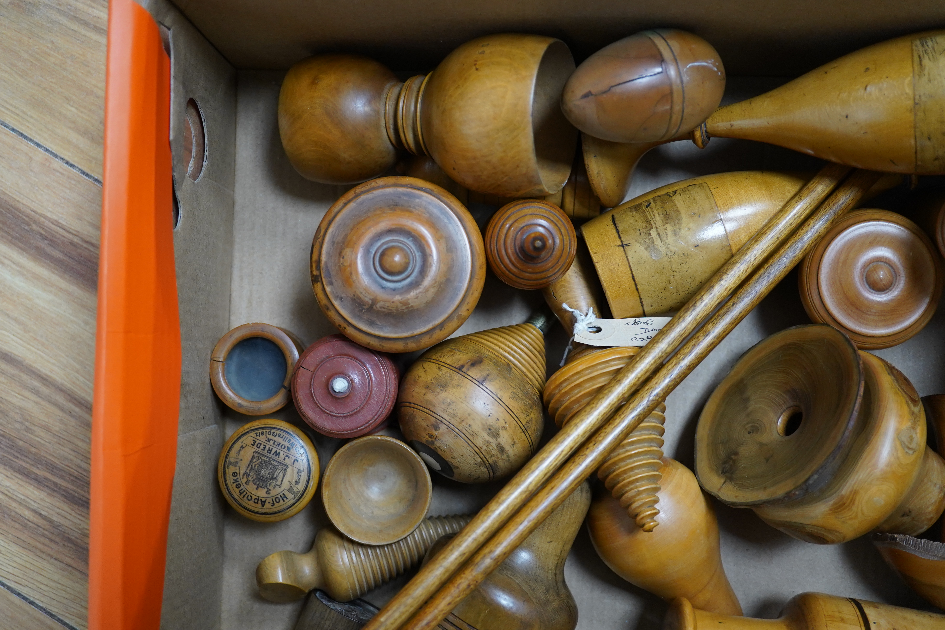 A large collection of mixed treen 19th and 20th century boxes and miscellaneous items, gun barrel cleaning rod 84cm long. Condition - mostly good